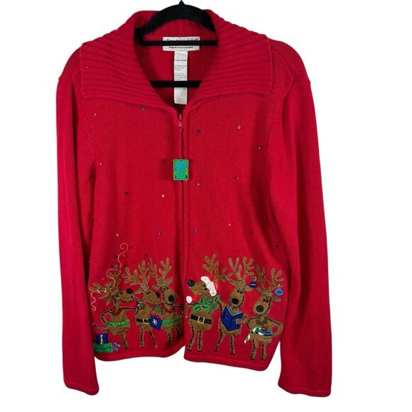 Vintage Tiara International Christmas reindeer full zip sweater woman's size XL - Picture 1 of 10